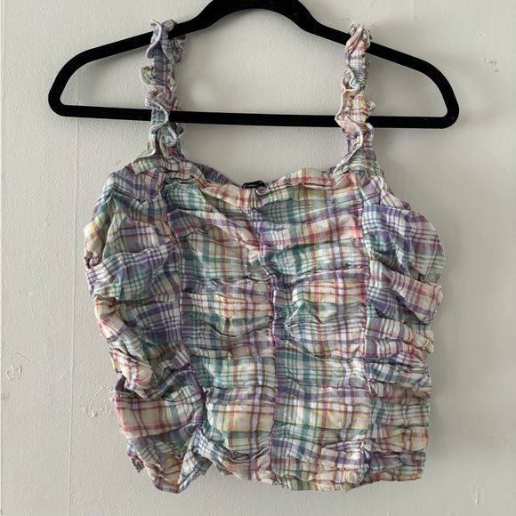 Versona Size XL Colorful Plaid Ruched Ruffle Smocked Cropped Tank Top - Picture 1 of 4